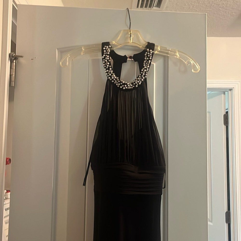 SPEECHLESS Black Embellished Ruched Halter Formal S/L A-Line Dress
